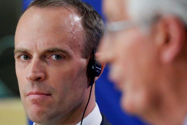 Dominic Raab looks on during a news conference with Michel Barnier in Brussels, Belgium, July 26, 2018. (Reuters/Yves Herman)