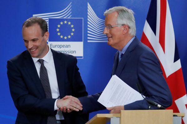 Britain's Secretary of State for Exiting the European Union Dominic Raab and European Union's chief Brexit negotiator Michel Barnier during a joint news conference in Brussels, Belgium, on July 26, 2018. (Yves Herman/REuters)