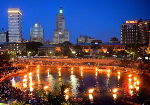 A ring of 22 braziers illuminates the Waterplace Park Basin—and the rings of people that gather around it. (John Nickerson/Courtesy of WaterFire Providence)