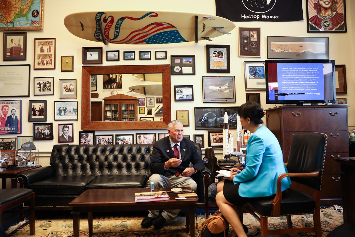 Epoch Times reporter Jennifer Zeng interviews Rep. Dana Rohrabacher (R-Calif.) in his office in the Rayburn House Office Building in Washington on July 26, 2018. (Samira Bouaou/The Epoch Times)