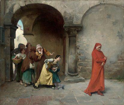 “Dante in Verona,” 1879, by Antonio Cotti. Dante is often depicted wearing a long red robe. (Public Domain)