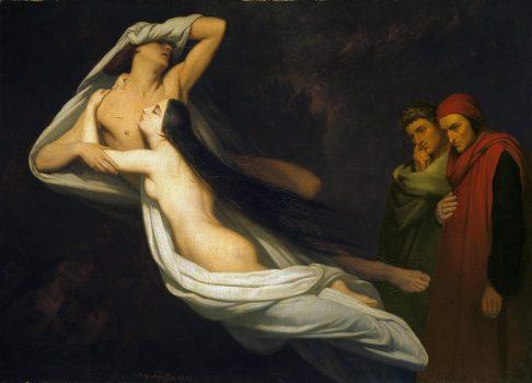“Francesca da Rimini and Paolo Malatesa Appraised by Dante and Virgil” by the Dutch-French Romantic painter Ary Scheffer. Francesca and Paolo have their bodies fused together as punishment for their adultery. (Public Domain)