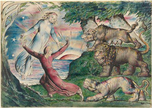 “Dante Running From the Three Beasts” by William Blake. In 1824, artist John Linnell commissioned Blake to illustrate Dante’s “Divine Comedy.” (Public Domain)