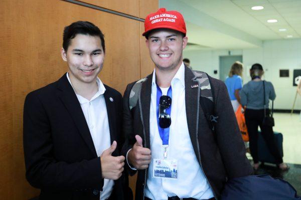 Eric Fisher (L) and Stephen Cahalan, both 16, attend the High School Leadership Summit, a Turning Point USA event, at George Washington University in Washington on July 26, 2018. (Charlotte Cuthbertson/The Epoch Times)