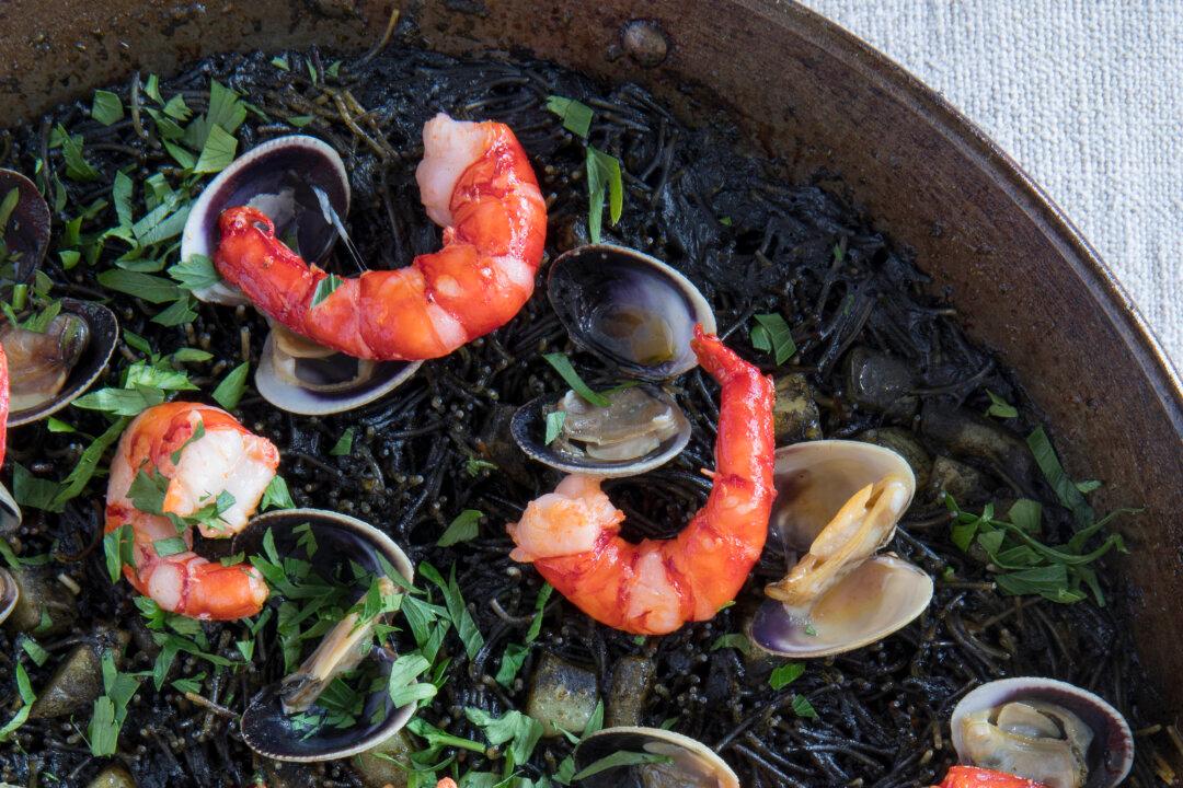 Fideuà Negra: Shrimp, Clams, Cuttlefish, and Fideo Noodles with Squid Ink