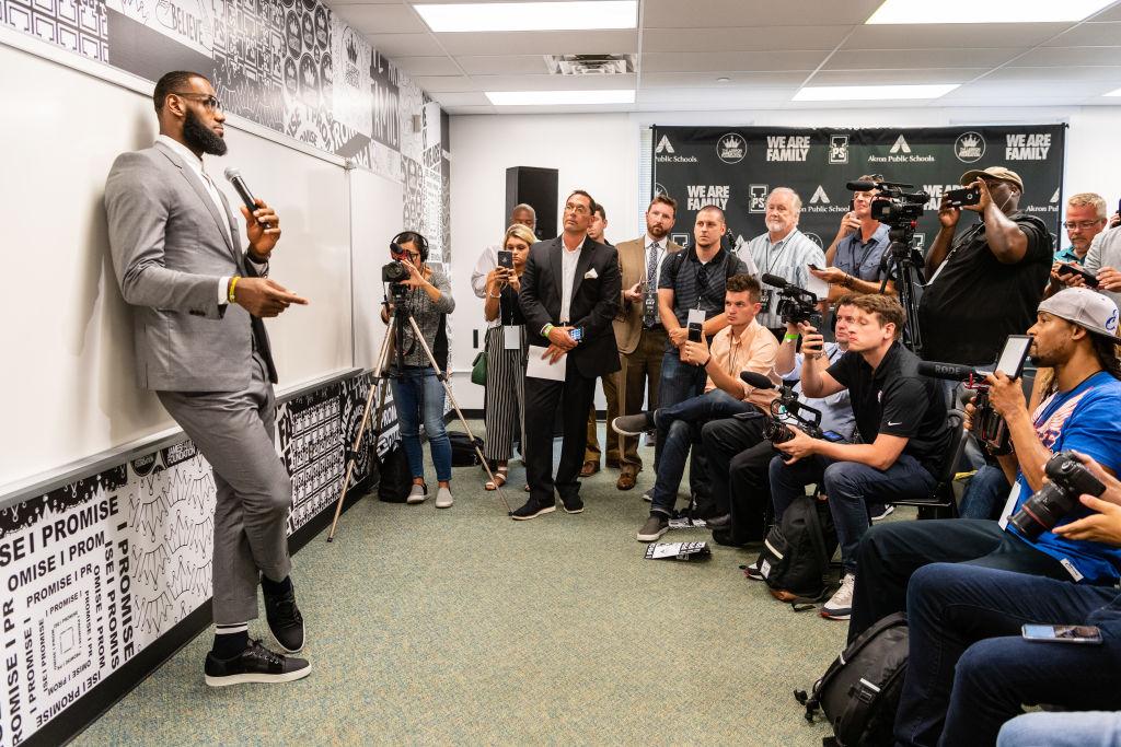 LeBron James addresses the media after the opening ceremonies of the I Promise School in Akron, Ohio, on July 30, 2018. (Jason Miller/Getty Images)