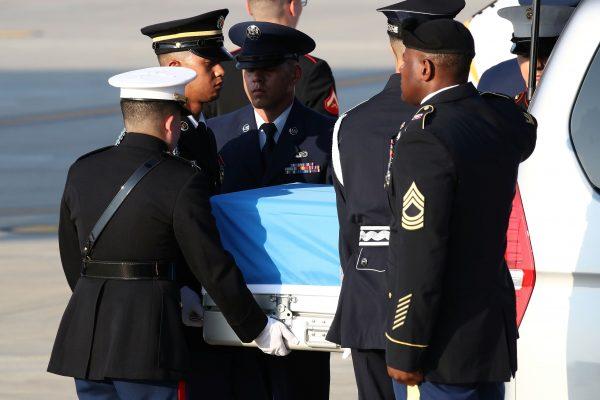 U.N. honor guards carry a casket containing remains transferred by North Korea, at Osan Air Base in Pyeongtaek, South Korea Aug. 1, 2018. (Chung Sung-Jun/Pool via Reuters)