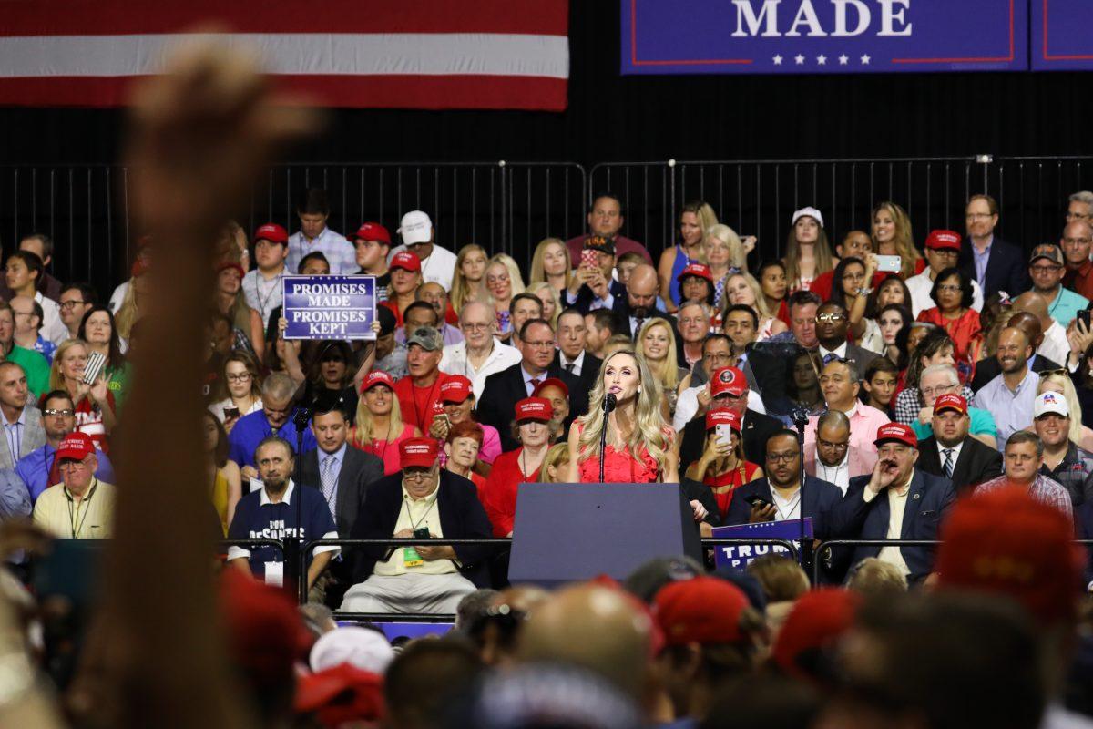 Lara Trump speaks at President Donald Trump's Make America Great Again rally in Tampa, Fla., on July 31, 2018. (Charlotte Cuthbertson/The Epoch Times)