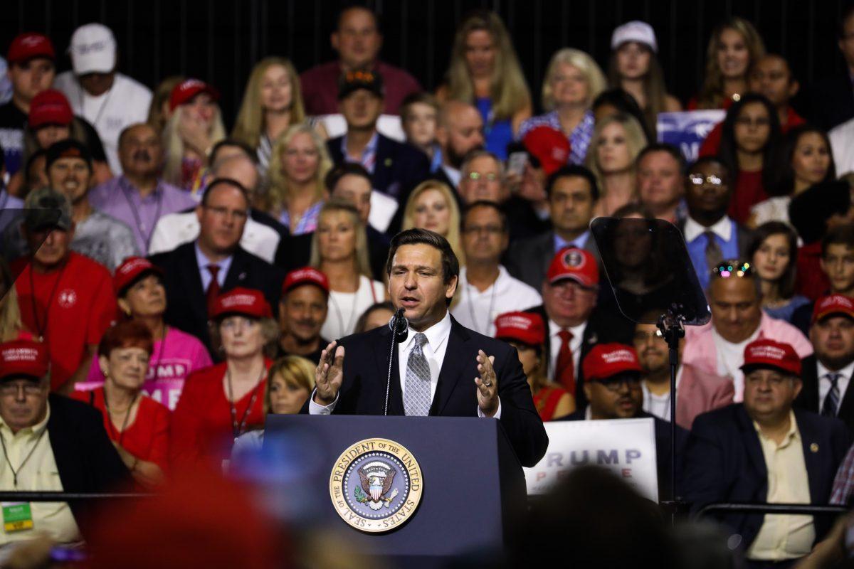 Gubernatorial candidate Rep. Ron DeSantis (R-Fla.) speaks at President Donald Trump's Make America Great Again rally in Tampa, Fla., on July 31, 2018. (Charlotte Cuthbertson/The Epoch Times)