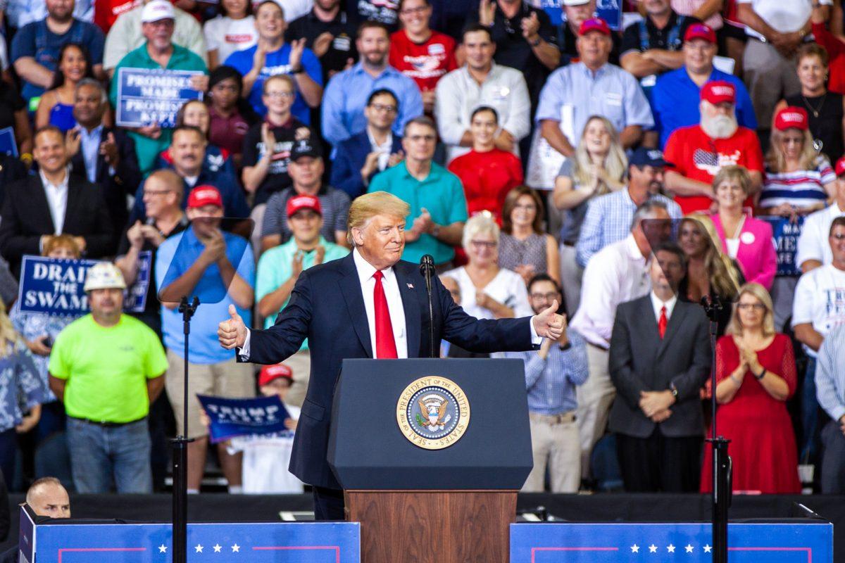 President Donald Trump at his Make America Great Again rally in Evansville, Ind., on Aug. 30, 2018. (Hu Chen/The Epoch Times)