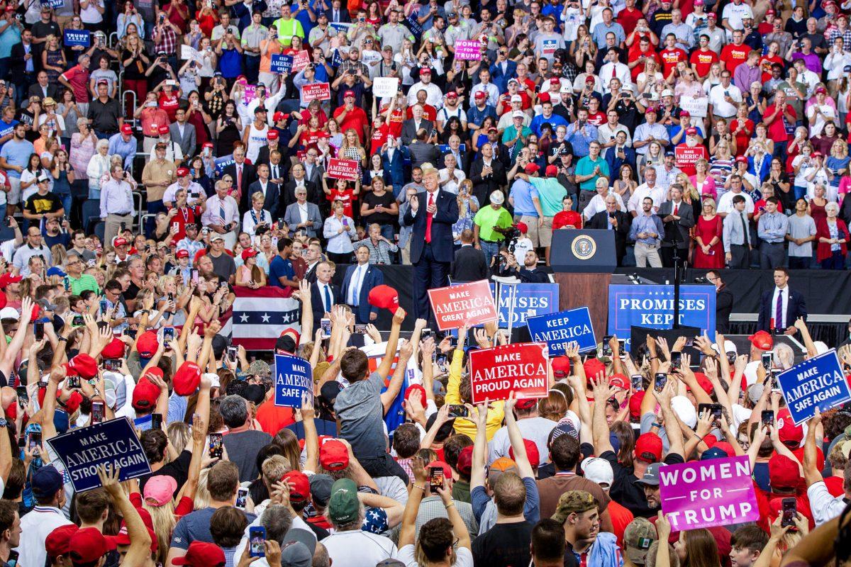 President Donald Trump at his Make America Great Again rally in Evansville, Ind., on Aug. 30, 2018. (Hu Chen/The Epoch Times)
