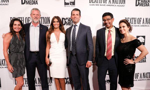 Jerry Falwell Jr. (2nd L) with his wife Becki, Donald Trump Jr. and girlfriend Kimberly Guilfoyle, and filmmaker Dinesh D'Souza and his wife Debbie Fancherat the premiere of “Death of a Nation” in Washington on Aug. 1, 2018. (Samira Bouaou/The Epoch Times)