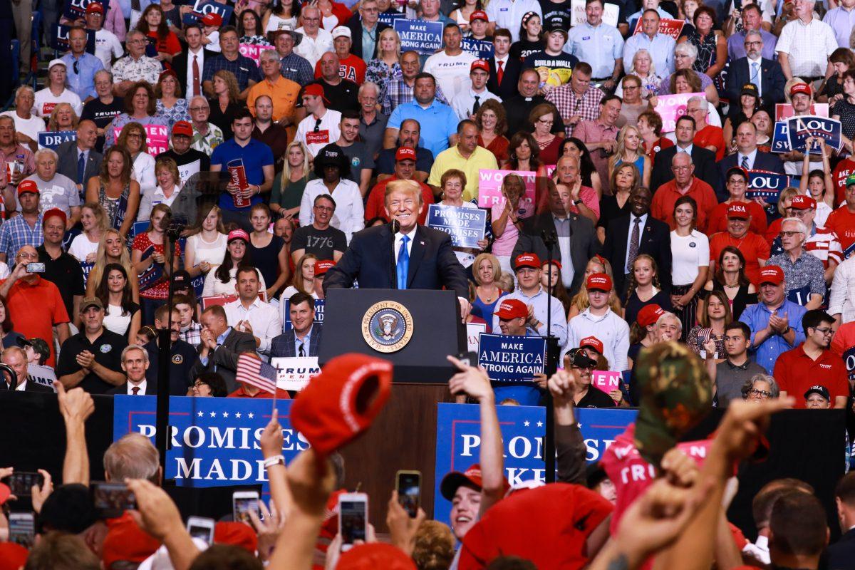 President Donald Trump at a Make America Great Again rally in Wilkes-Barre, Penn., on Aug. 2, 2018. (Samira Bouaou/The Epoch Times)