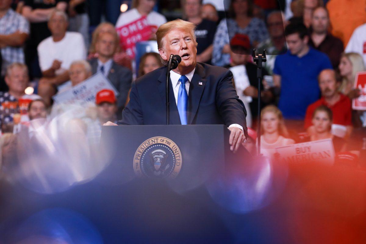 President Donald Trump at a Make America Great Again rally in Wilkes-Barre, Penn., on Aug. 2, 2018. (Samira Bouaou/The Epoch Times)