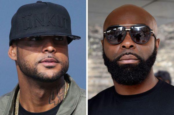 French rappers Booba (L) and Kaaris (R) were arrested and remanded in custody by French border police on August 1, 2018 at the Orly airport, outside Paris, after a fight that also involved members of their entourage. (DOMINIQUE FAGET,LOIC VENANCE/AFP/Getty Images)
