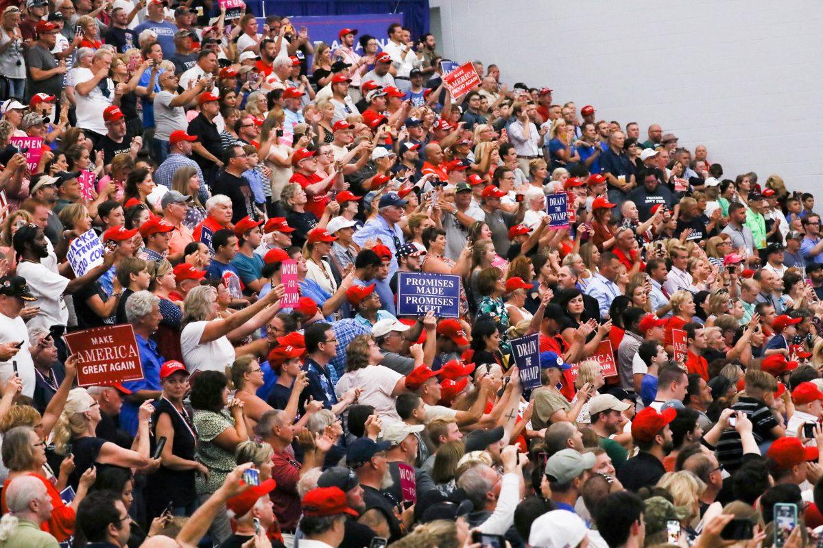 Audience members at a Make America Great Again rally in Lewis Center, Ohio, on Aug. 4, 2018. (Charlotte Cuthbertson/The Epoch Times)