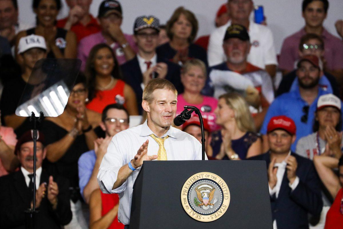 Rep. Jim Jordan (R-Ohio), Speaker of the House hopeful, at President Donald Trump’s Make America Great Again rally in Lewis Center, Ohio, on Aug. 4, 2018. (Charlotte Cuthbertson/The Epoch Times)