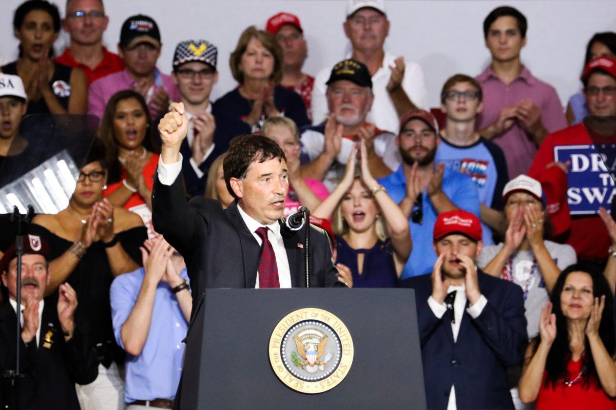 Republican congressional candidate and state senator Troy Balderson speaks at President Donald Trump’s Make America Great Again rally in Lewis Center, Ohio, on Aug. 4, 2018. (Charlotte Cuthbertson/The Epoch Times)