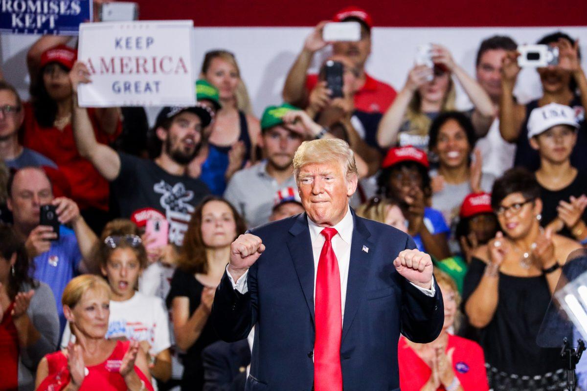 President Donald Trump speaks at a Make America Great Again rally in Lewis Center, Ohio, on Aug. 4, 2018. (Charlotte Cuthbertson/The Epoch Times)