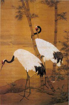 “Bamboo and Cranes,” early Ming Dynasty, by Bian Jingzhao. Two immortal cranes flew Long Heng and his wife to Heaven. (Public Domain)
