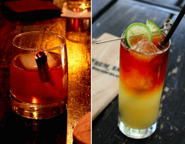 (L) The Garrison, a cocktail at The Breadfruit & Rum Bar in Phoenix, contains liqueur made from leftover citrus rinds; (R) their Dark & Stormy contains housemade ginger beer; the bar’s ginger scraps go to the kitchen for reuse. (Courtesy of The Breadfruit & Rum Bar)