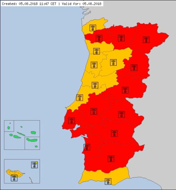 The Portalegre region of Portugal, close to where the fire broke out, is under an "extreme high temperature warning," according to EUMETNET, a European network of meteorological surveys, stated on August 5, 2018. (EUMETNET/meteoalarm.eu)
