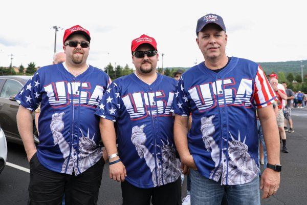 Retired NYPD detective Michael Sierra (R) with Chris (L) and Robert Kinsley before a Make America Great Again rally in Wilkes-Barre, Pa., on Aug. 2, 2018. (Samira Bouaou/The Epoch Times)