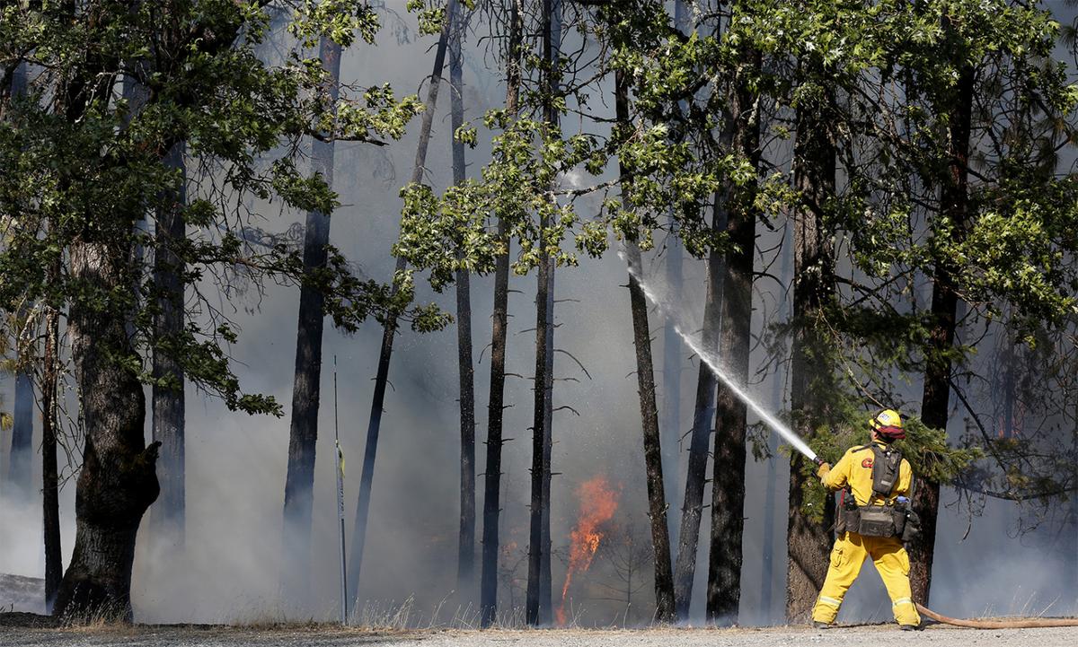 Firefighter Derek Longoria, of CalFire's Shasta-Trinity Unit, extinguishes flames near State Highway 299 while battling the Carr Fire near Redding, California on July 30, 2018. (Terray Sylvester/Getty Images)