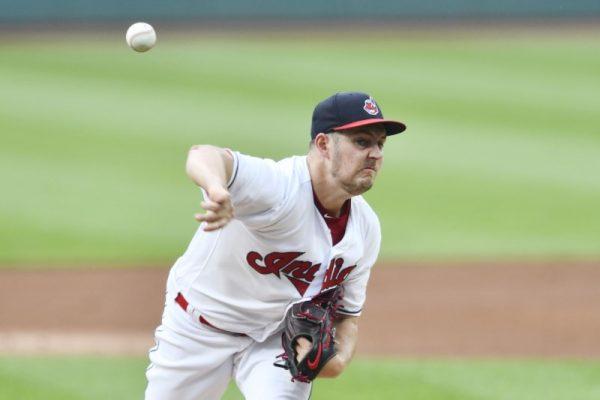 Aug 6, 2018; Cleveland, OH; Cleveland Indians starting pitcher Trevor Bauer delivers in the first inning against the Minnesota Twins at Progressive Field. (David Richard—USA TODAY Sports)