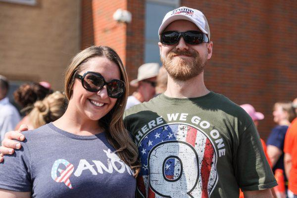 Rachel Reed and Jay Domer line up for a Make America Great Again rally in Lewis Center, Ohio, on Aug. 4, 2018. (Charlotte Cuthbertson/The Epoch Times)