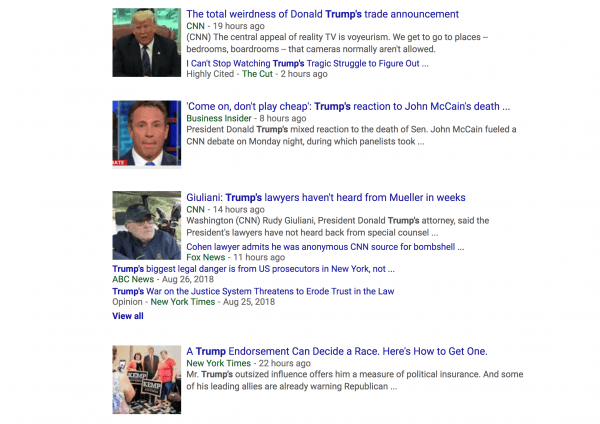 The first page results of "Trump" using Google's "News" tab on Tuesday, Aug. 28. (Screenshot Via Google)