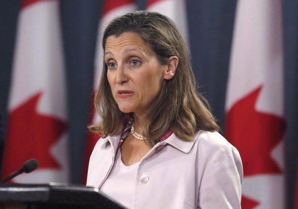 Foreign Affairs Minister Chrystia Freeland speaks at a press conference in Ottawa on May 31, 2018. (THE CANADIAN PRESS/ Patrick Doyle)
