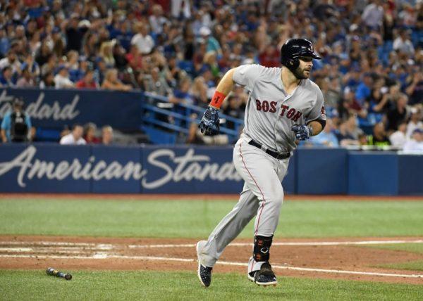 Aug 7, 2018; Toronto, Ontario, CAN; Boston Red Sox first baseman Mitch Moreland rounds the bases after hitting a three run home run against Toronto Blue Jays in the 10th inning. (Dan Hamilton-USA TODAY Sports)