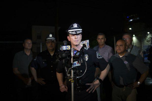 Camden County Police Chief J. Scott Thomson speaks during a press conference regarding two detectives who were shot in Camden, N.J. on Aug. 7, 2018. (Joe Lamberti/Camden Courier-Post via AP)