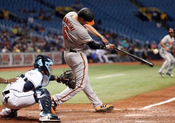 Aug. 8, 2018; St. Petersburg, FL; Baltimore Orioles left fielder Trey Mancini hits a 2-RBI double during the ninth inning against the Tampa Bay Rays. (Kim Klement—USA TODAY Sports)