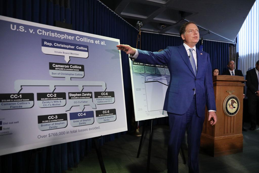 Geoffrey Berman, the U.S. Attorney for the Southern District of New York, explains the case against Rep. Chris Collins (R-N.Y.) to the media on Aug. 8, 2018, in New York City. Federal prosecutors have charged Collins with insider trading, accusing the congressman and his son of using inside information about a biotechnology company to make illicit stock trades. (Spencer Platt/Getty Images)