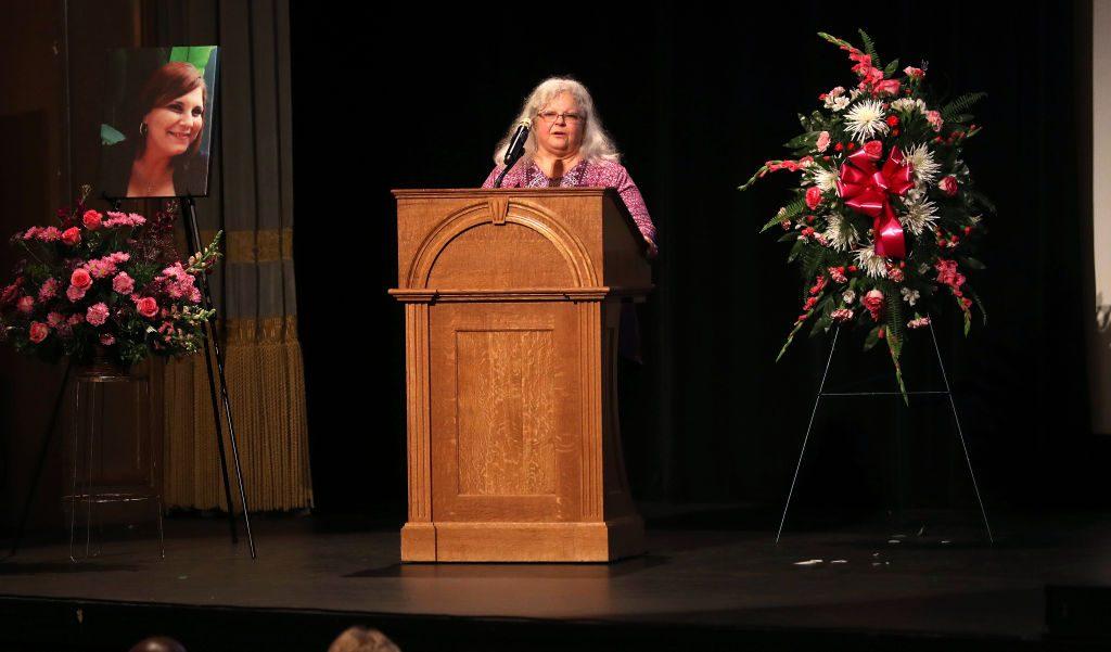 Susan Bro, mother of Heather Heyer, speaks during a memorial for her daughter at the Paramount Theater in Charlottesville, Virgina on Aug. 16, 2017. (Photo by Andrew Shurtleff-Pool/Getty Images)