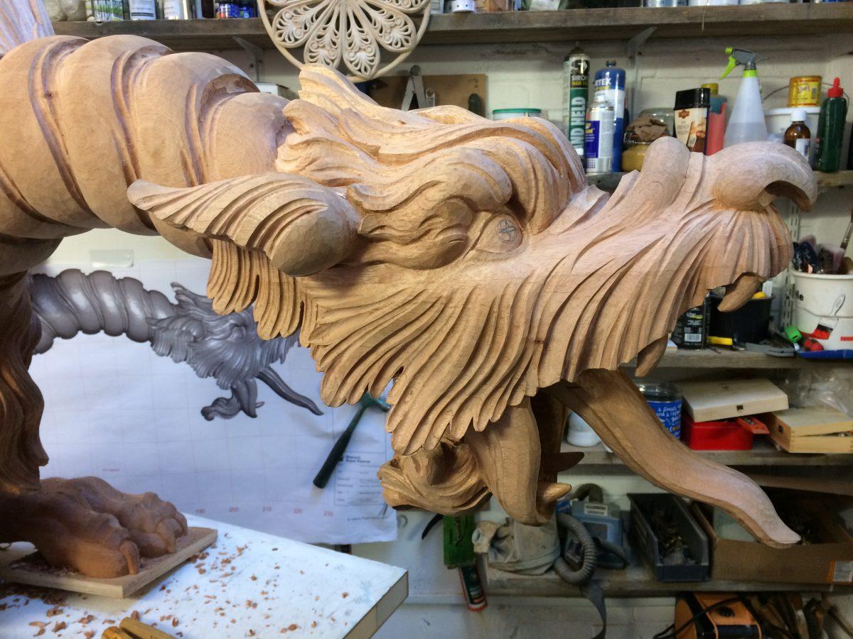 The head of the dragon, with a peek at the claws, in the Sands & Randall London workshop. (Sands & Randall)