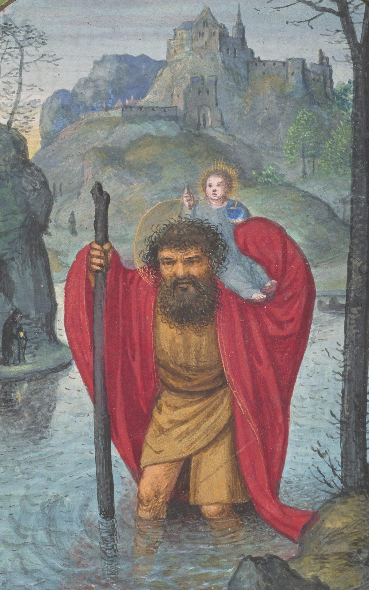 “St. Christopher Carries Christ Child," from the Book of Hours, Bruges, Belgium, circa 1520. The Morgan Library & Museum. (Graham S. Haber)