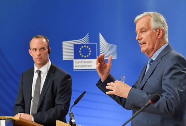 EU Chief Brexit Negotiator Michel Barnier (R) and Britain's Brexit Minister Dominic Raab (L) after meeting to discuss Brexit plans in Brussels on July 26, 2018. (John Thys/AFP/Getty Images)