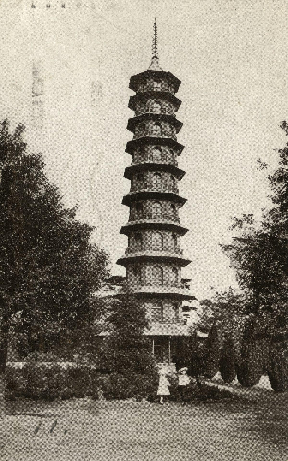 Early 20th-century postcard depicting a view of the Great Pagoda at the Royal Botanic Gardens, Kew. (Historic Royal Palaces)