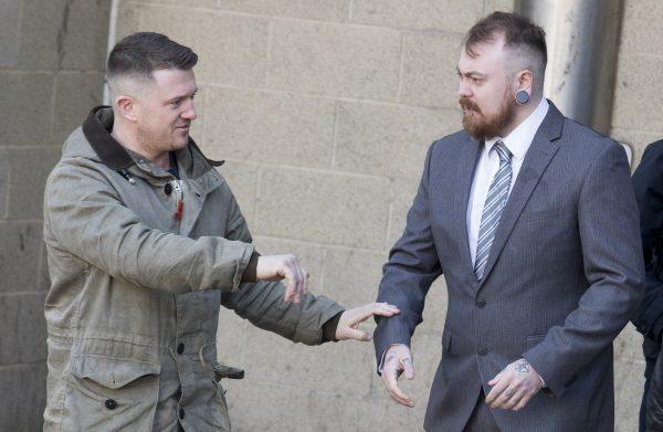 Mark Meechan (right) and Tommy Robinson, right-wing activist and co-founder of the English Defence League, speak to the media at Airdrie Sheriff Court on the day of Meechan's trial on March 20, 2018. (SWNS)