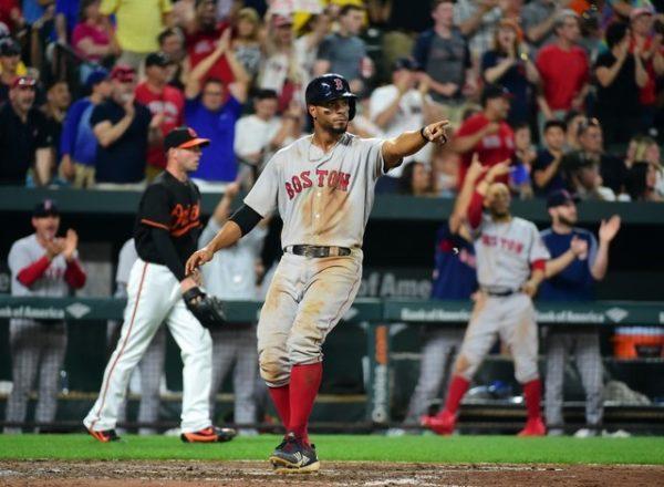Boston Red Sox shortstop Xander Bogaerts reacts after scoring a run in the sixth inning against the Baltimore Orioles. (Evan Habeeb—USA Today Sports)