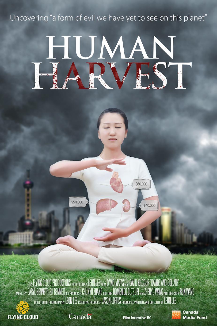 A poster of the film Human Harvest depicts a meditating Falun Gong practitioner, with prices attached to her organs. (Flying Cloud Productions)