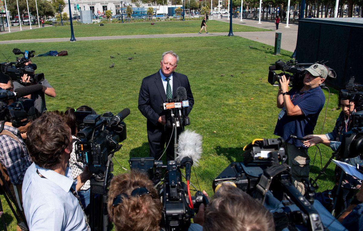 Monsanto Vice President Scott Partridge speaks during a press conference after Monsanto was ordered to pay $289 million in damages for hiding the dangers of its popular Roundup products outside the Superior Court Of California in San Francisco on Aug. 10, 2018. (JOSH EDELSON/AFP/Getty Images)