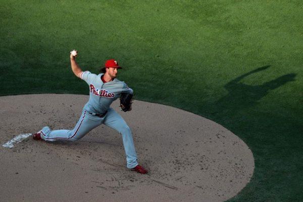 Philadelphia Phillies starting pitcher Aaron Nola pitches during the first inning against the San Diego Padres. (Jake Roth/USA Today Sports)