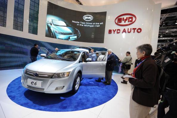 The Chinese BYD E6 electric car is displayed during the second press preview day at the 2010 North American International Auto Show in Detroit, on Jan. 12, 2010. (Stan Honda/AFP/Getty Images)