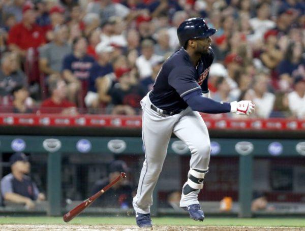 Cleveland Indians pinch hitter Yandy Diaz hits an RBI double against the Cincinnati Reds during the sixth inning. (David Kohl/USA Today Sports)