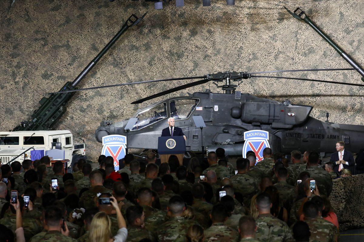 Vice President Mike Pence speaks at Wheeler-Sack Army Airfield before the president signs the 2019 National Defense Authorization Act, at Fort Drum, N.Y., on Aug. 13, 2018. (Charlotte Cuthbertson/The Epoch Times)