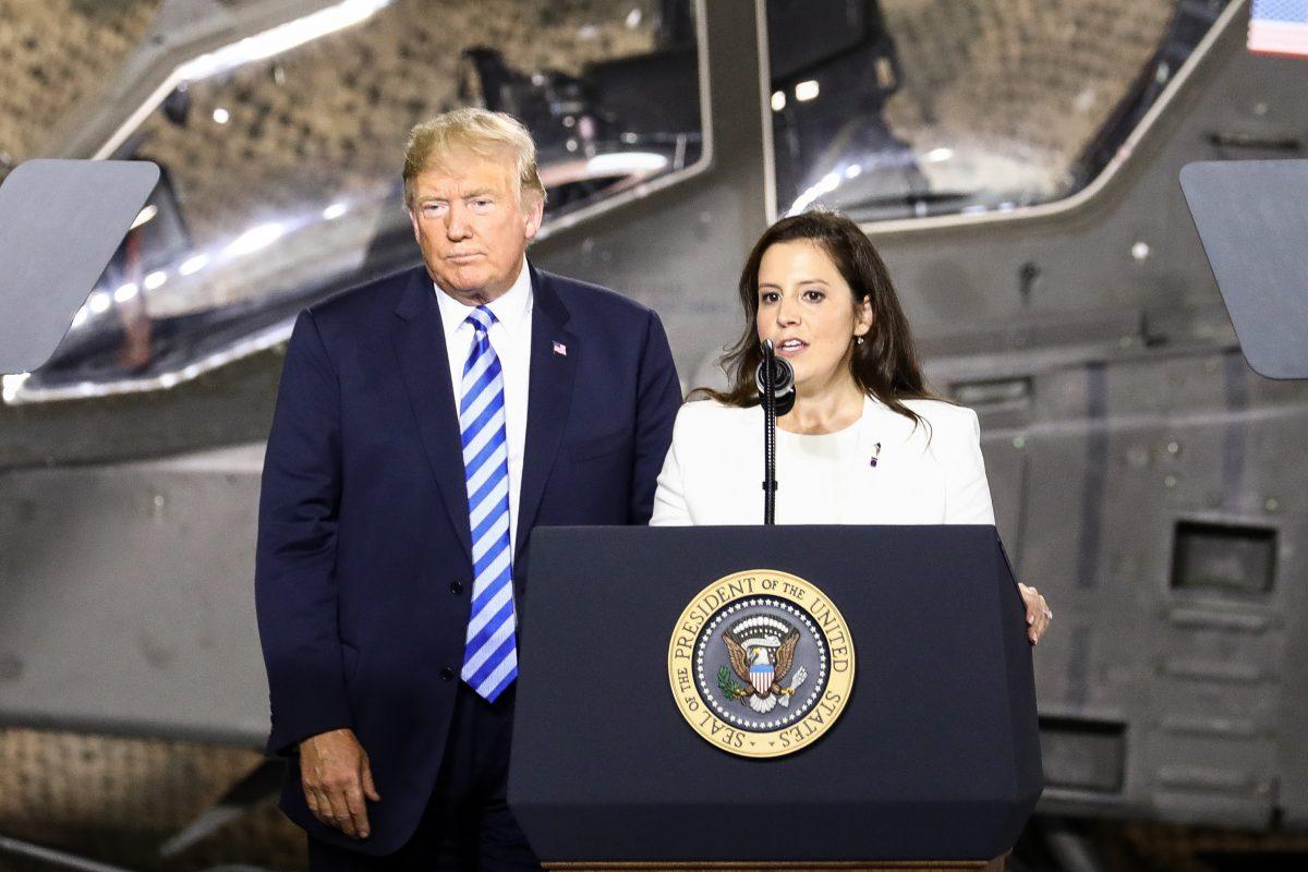 Rep. Elise Stefanik (R-N.Y.) speaks before President Donald Trump signs the 2019 National Defense Authorization Act at Wheeler-Sack Army Airfield at Fort Drum, N.Y., on Aug. 13, 2018. (Charlotte Cuthbertson/The Epoch Times)